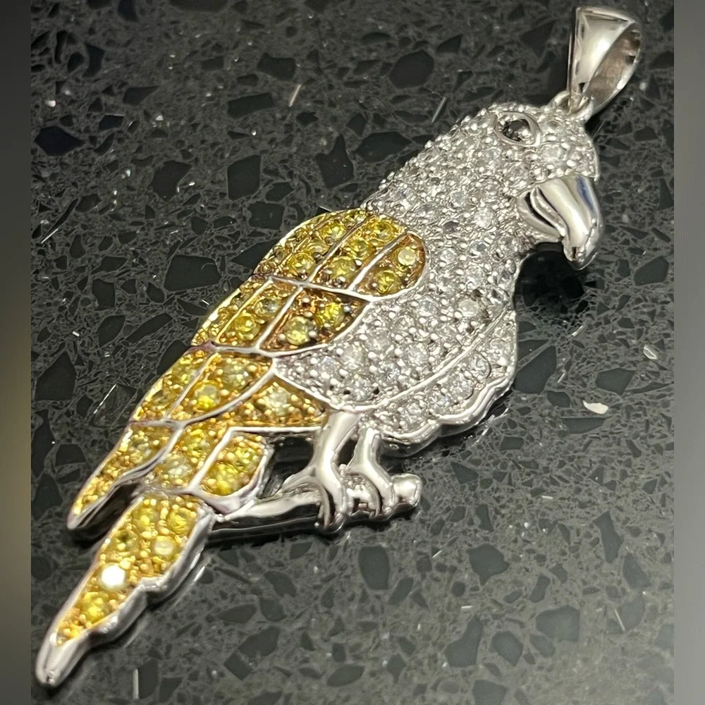 JTV canary yellow black CZ parrot macaw sterling silver gold pendant slide omega
